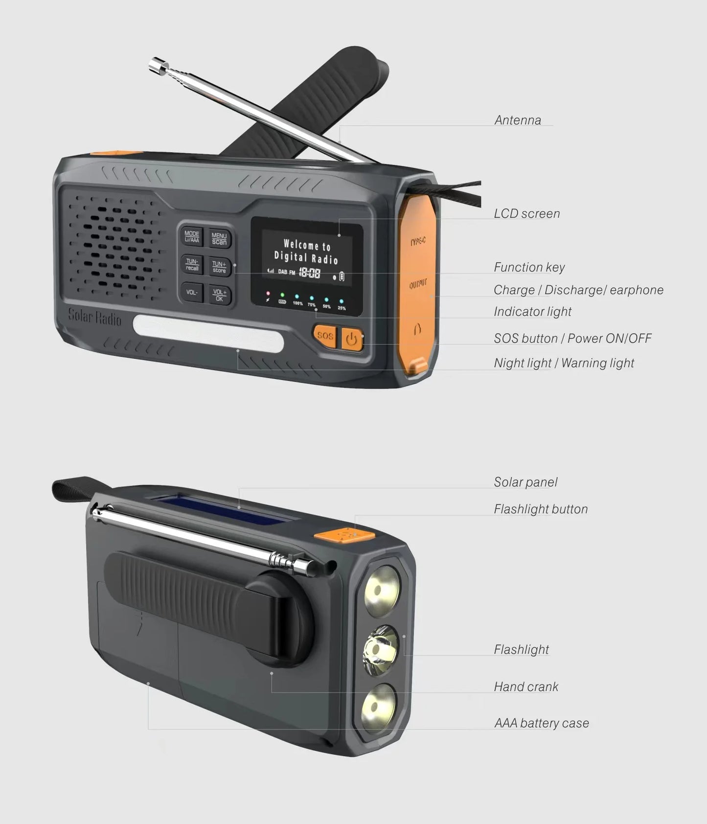 Professionele noodradio en oplader; wind- en zonne-energie